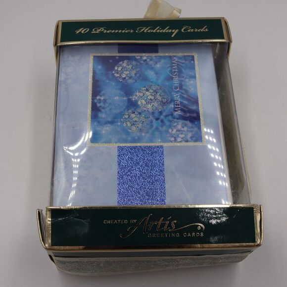 Artis Vintage  Christmas Cards 40 Premium Holiday Cards Blue Green Floral Foil - Picture 11 of 11